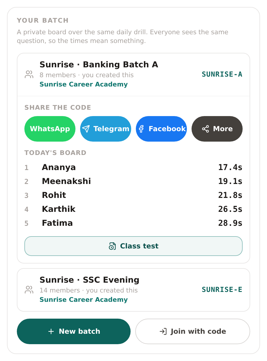 The batch screen: a branded batch named Sunrise Banking Batch A with join code SUNRISE-A, WhatsApp Telegram and Facebook share buttons, today's board with five students and their times, and owner buttons for the console and branding.